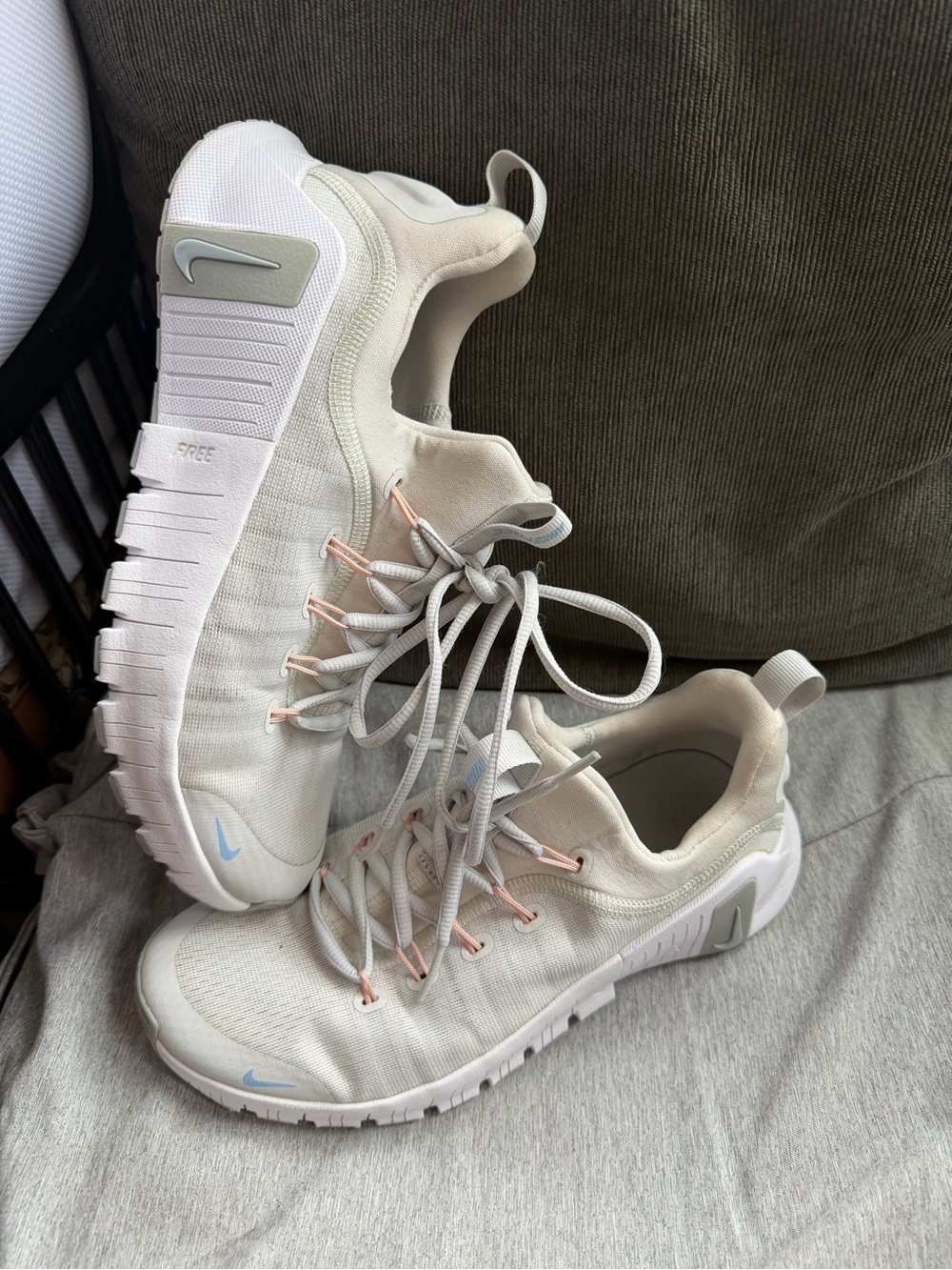 Nike Women's Off-White Trainer with Light Blue and Rose-Gold Accents